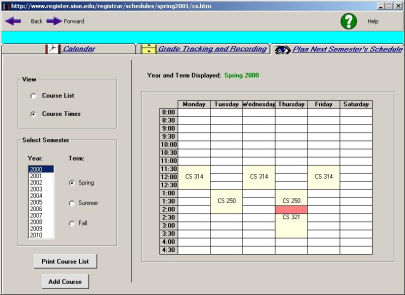 The thirds screen shows plan next semester. To the right there is radio buttons for course list and course times, a way to select the desired semester, and buttons to print and add courses. To the left is a calendar showing the class time schedule. 