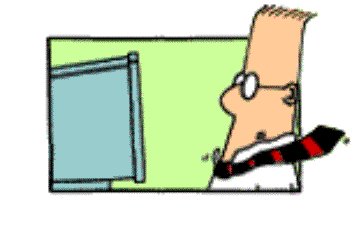 Dilbert in front of a computer, tie flying out behind him