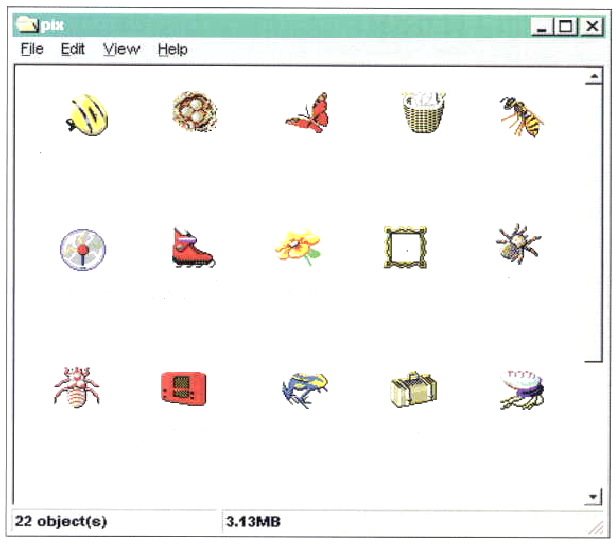 A window with many ambigious icons: Icon 1: fish Icon 2: nest Icon 3: butterfly Icon 4: basket Icon 5: bee Icon 6 electricity ball Icon 7: rollerblade Icon 8: flower Icon 9: frame Icon 10: spider Icon 11: grub Icon 12: radio Icon 13: frog Icon 14: luggage Icon 15: jellyfish