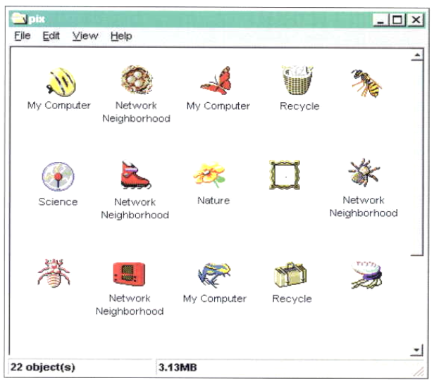 Same window with text descriptions. Icon 1: fish = my computer Icon 2: nest = network neighbor Icon 3: butterfly = my computer Icon 4: basket = recycle Icon 5: bee = no description Icon 6 electricity ball = science Icon 7: rollerblade = network neighbor Icon 8: flower = nature Icon 9: frame = no description Icon 10: spider = network neighbor Icon 11: grub = no description Icon 12: radio = network neighbor Icon 13: frog = my computer Icon 14: luggage = recycle Icon 15: jellyfish = no description 