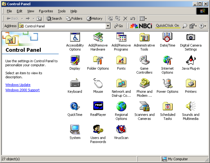 Windows control panel Icon 1: Wheel chair = acessability options Icon 2: Assorted hardware = add/remove hardware Icon 3: MS Window = add/remove software Icon 4: Tools: Administrative tools Icon 5: Clock and planner = date/Time Icon 6: Camera = digital camera settings Icon 7: Computer monitor = display Icon 8: Folder with tools = folder options Icon 9: Folder with fonts = fonts Icon 10: Joysticks = game controllers Icon 11: earth with tools = internet options Icon 12: Triangle critter = Jave plug in Icon 13: keyboard = keyboard Icon 14: Mouse = mouse Icon 15: Folder with comptuers = network and dial up connections Icon 16: Telephone = Phone and modem connections Icon 17: Battery and plug = Power options Icon 18: Floder with printer = printer Icon 19: Blue Q = Quicktime Icon 20: Blue "real" logo = Real Player Icon 21: Planet earth = regrional OPtions Icon 22: Scanner and Camera = scenners and camera Icon 23: Folder with a clock = schedules tasks Icon 24: Speaker = sounds and multimedia Icon 25: Computer = system Icon 26: People and a key = users and passwords Icon 27: Sheild with a V = virus scan