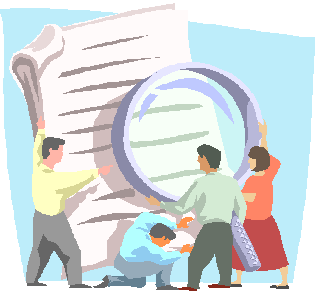 A cartoon of people looking at a huge sheet of paper with a magnifying glass