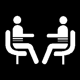 Black and white line art if to people sitting in chairs facing each other
