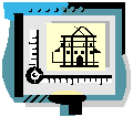 A cartoon illustration of a computer CAD progaram with a house design on it.