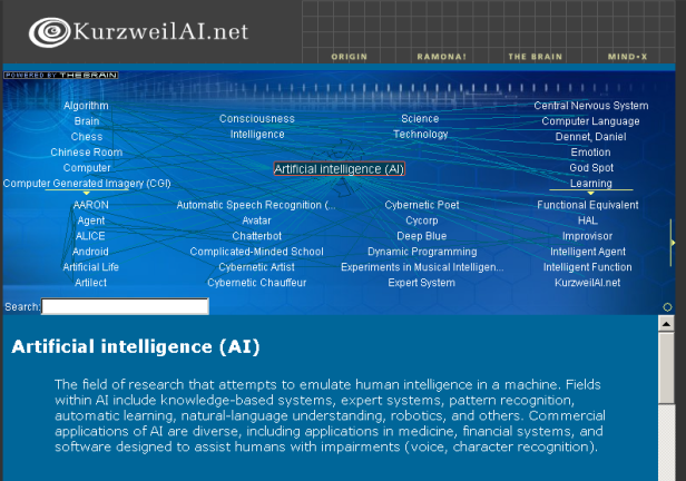 Top half of the screen: Different terms connected thru lines to the centered main concept, AI (e.g. science, intelligence, algorithm) Bottom half of the screen: Definition of AI