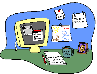 Cartoon illustration of a computer, a coffee mug, a photo & kids drawings on the wall