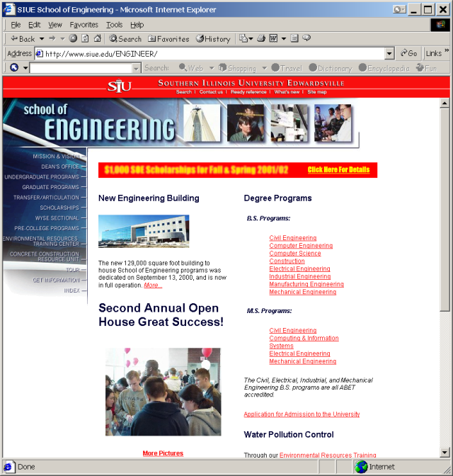 Screen shot of the SIUE school of engineering home page www.siue.edu/ENGINEER