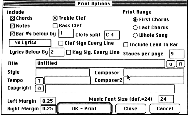 Dialog box for a music program. Content is not lined up, there is no grouping, and everything is tightly packed together, thus it is hard to detect what buttons, check boxes & fill-ins go to what.