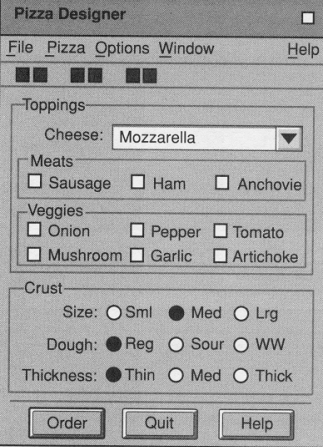 A dialog box of the pizza designer that has many grouping with in groupings