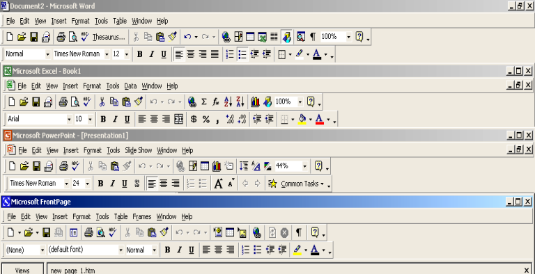 A screen shot of the tool bars for Microsoft Office, Excel, PowerPoint and Front page showing the same look & feel 