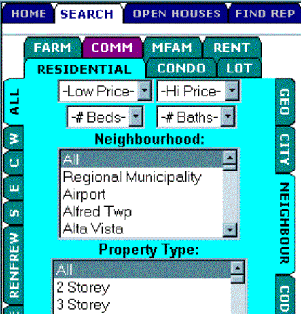 Row 1: tabs: home search (highlighted), open houses, find rep. Row 2: tabs: farm, comm.(highlighted), mfam rent, Row 3:residential (highlighted), condo, lot. Tabs left: all (highlighted), W, C, E, S, Renfrew. Tabs right: geo, city, neighborhood (highlighted). With in dialog box: Row 1: low price pull down, hi price pull down. Row 2: # beds pull down, # baths pull down. Row 3: Neighborhood: list box with cities. Row 4: Property Type: list box with house options. 