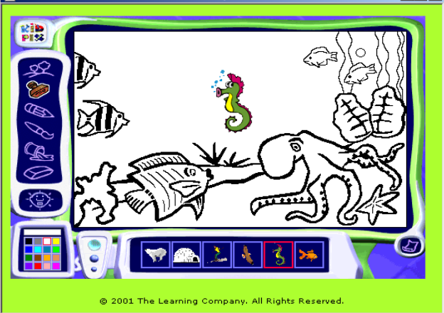  A screen shot of Kid Pix, a children’s drawing program. The left side of the screen has tool & color choices, the bottom has zoom & a new page button, and clip art to choose from, and the center has a ocean scene drawn from clip art.