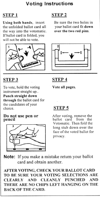 Voting instructions. Step 1: Using both hands insert the unfolded ballot card all the way into the votomatic. If the ballot card is folded, you will not be able to vote. Step 2: be sure the two holes on your ballot card fit down over the two red pins Step 3: to vote, hold the voting instrument straight up. Punch straight down through the ballot card for the candidates of your chouse. Do not use a pen on pencil. Note: if you make a mistake, return your ballot card and obtain another. Step 4: vote all pages. After voting make sure your voting selections are clearly and cleanly punched and there are no chips left hanging on the back of the care Step 5: after voting, remove the ballot card from the votomatic, then fold the long stub down over the face of the voted ballot for privacy 