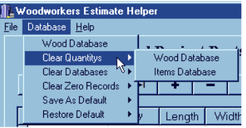 A pull down menu that said database > Wood database, Clear quantities> Wood database, Items database
